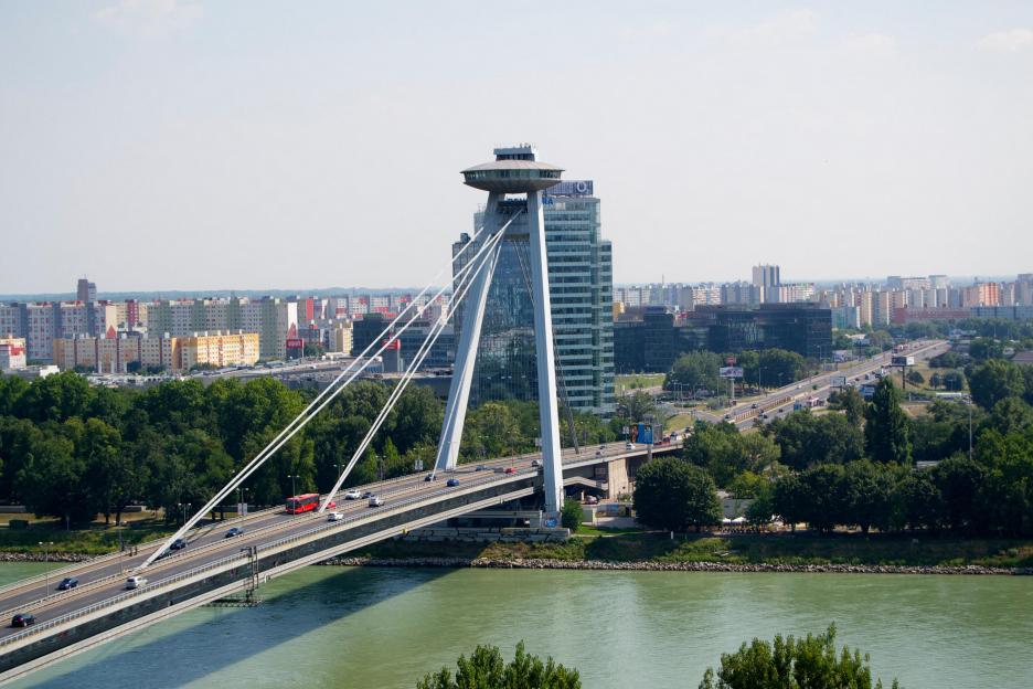 UFO Tower bridge over a river in Bratislava.