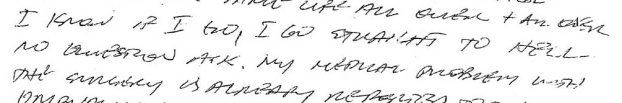 Handwritten note by Victorino Chua stating "I know if I go, I go straight to hell."