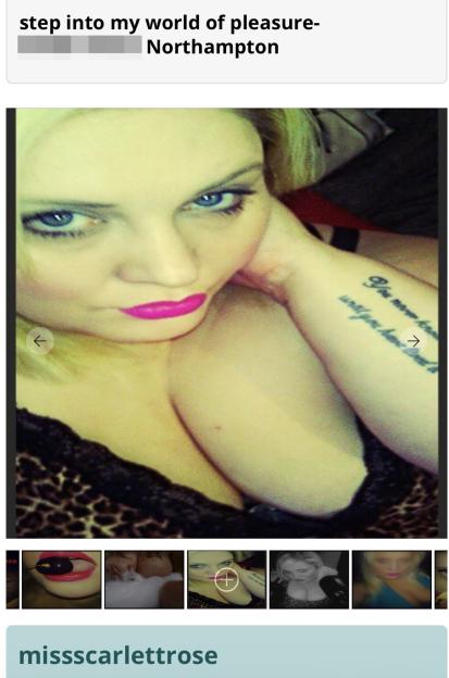 A screenshot showing a close-up of a woman with bright blue eyes, pink lipstick, and a tattoo on her arm, with a title that reads "step into my world of pleasure- Northampton" and several smaller thumbnail images of other women below.