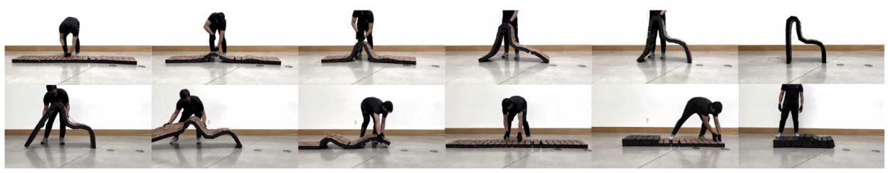 Collage of a person demonstrating how a flat arrangement of modular blocks can be transformed into a chair and then back into a flat arrangement again.