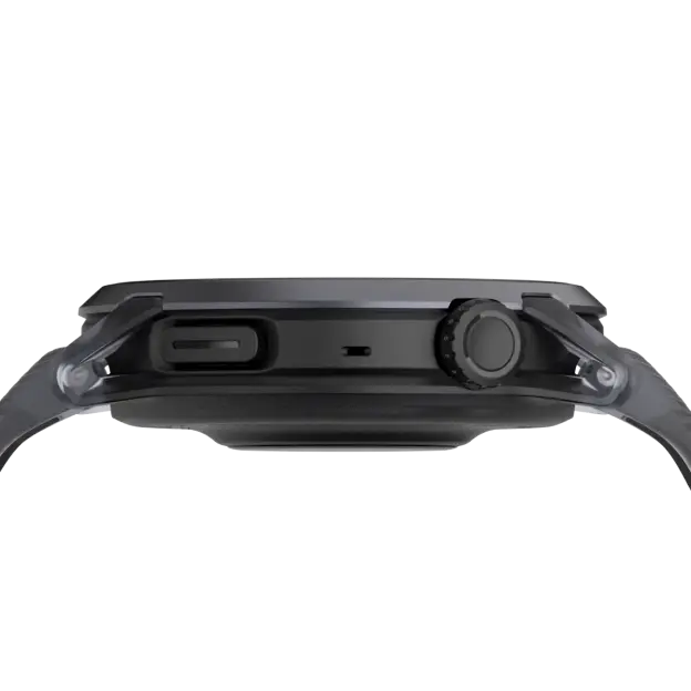 Side view of a dark grey smartwatch with two buttons and a crown.