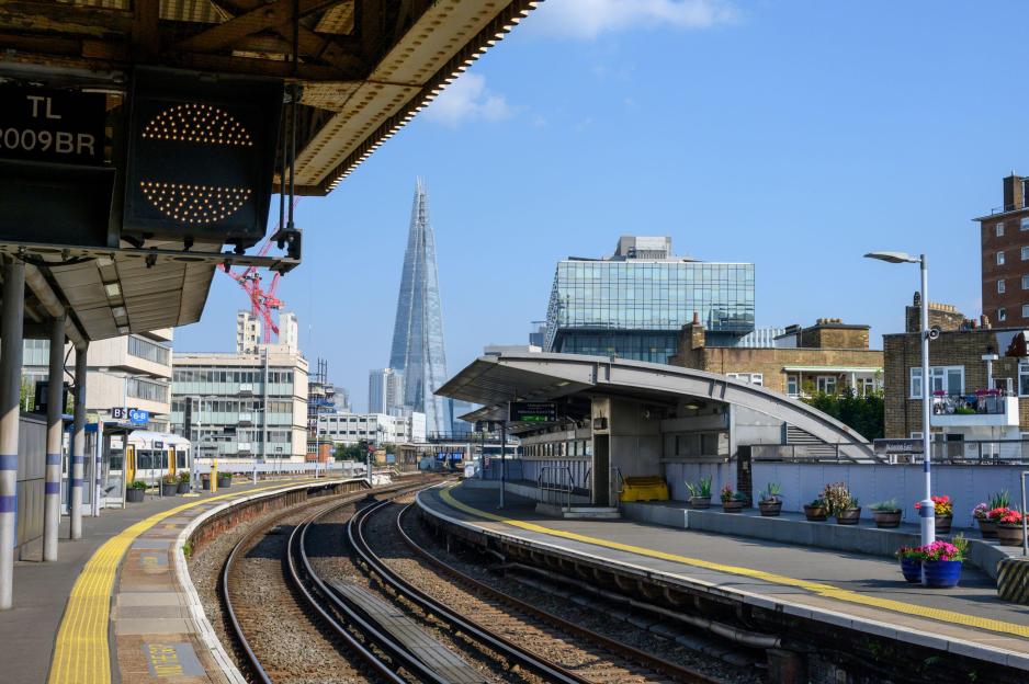 The Shard skyscraper in London seen from the platform of Waterloo East Station.