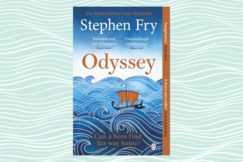 Book cover for Stephen Fry's "Odyssey" featuring a ship on a wavy blue ocean.