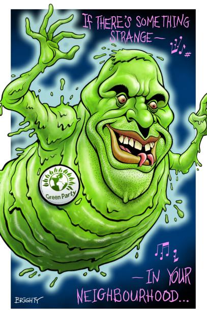 Illustration of a green, slimy monster with a "Green Party" badge, and text referencing the Ghostbusters theme song.