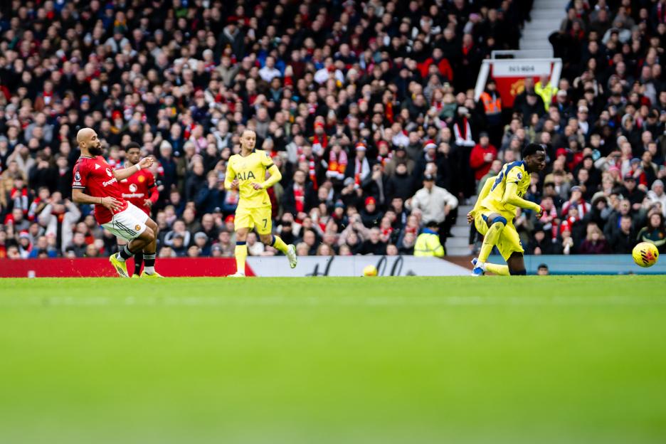 Bryan Mbuemo of Manchester United scoring a goal against Tottenham Hotspur.