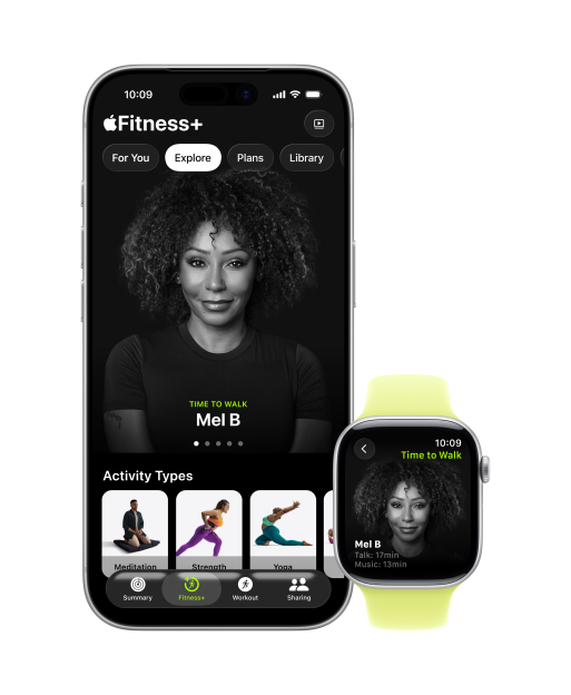 An iPhone displaying the Fitness+ app with Mel B featured, and an Apple Watch showing a "Time to Walk" workout with Mel B.