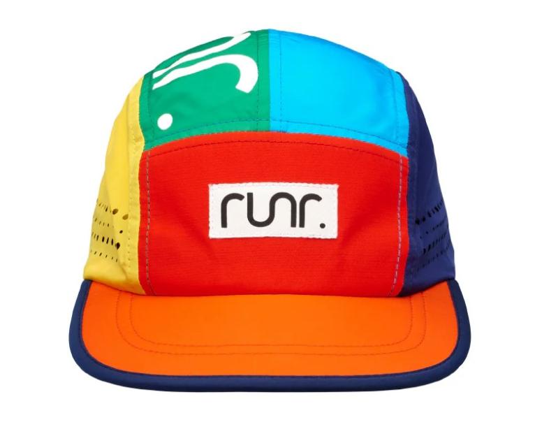 A multicolor running cap with a black and white "runr." logo on the front.