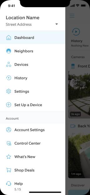 A mobile app interface displaying a menu with options for Dashboard, Neighbors, Devices, History, Settings, Set Up a Device, Account Settings, Control Center, What's New, Shop Deals, and Help.