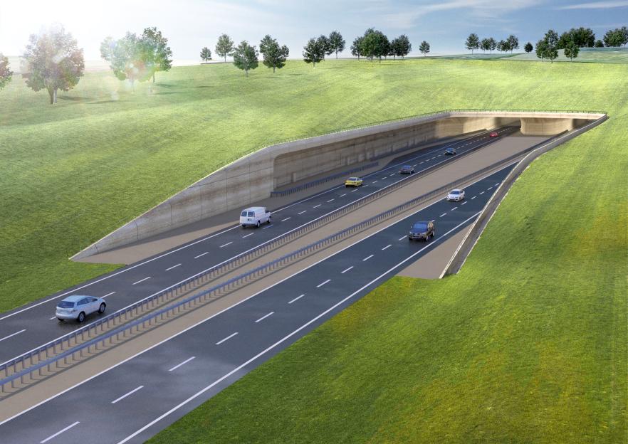 Illustration of the proposed Stonehenge road tunnel entrance with cars on a multi-lane highway.