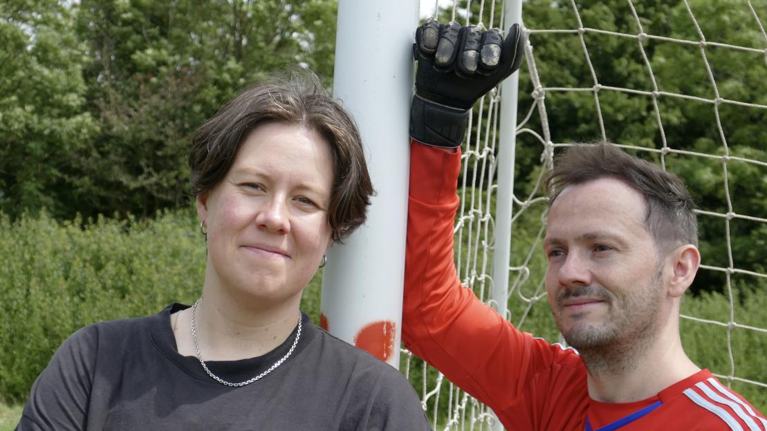 Chloe Petts and Stuart Laws as comedians taking penalties.