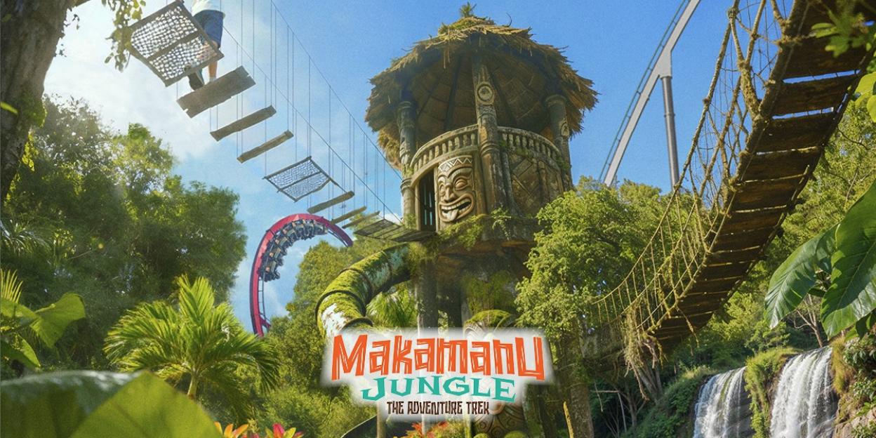 Illustration of "Makamanu Jungle The Adventure Trek" with a jungle-themed play area and a red roller coaster in the background.