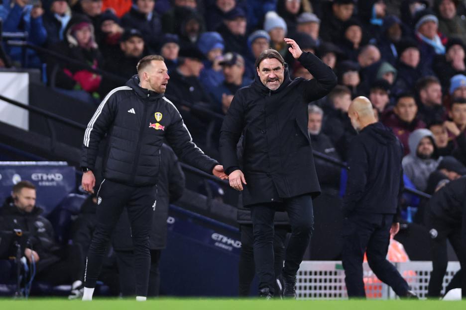 Leeds United manager Daniel Farke reacting during a match.