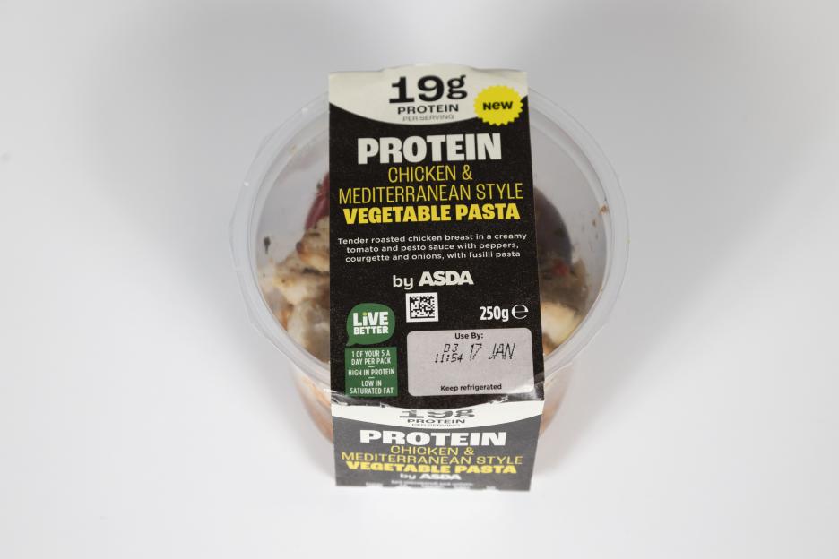 A clear plastic container of Asda Protein Chicken & Mediterranean Style Vegetable Pasta.