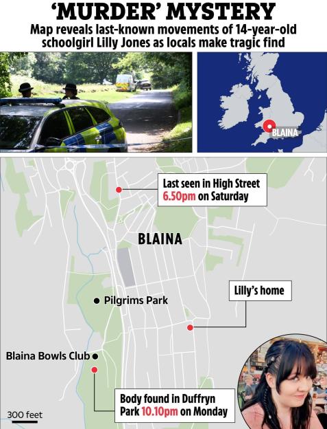 Map and photos illustrating the timeline and locations related to the murder of 14-year-old Lilly Jones in Blaina.