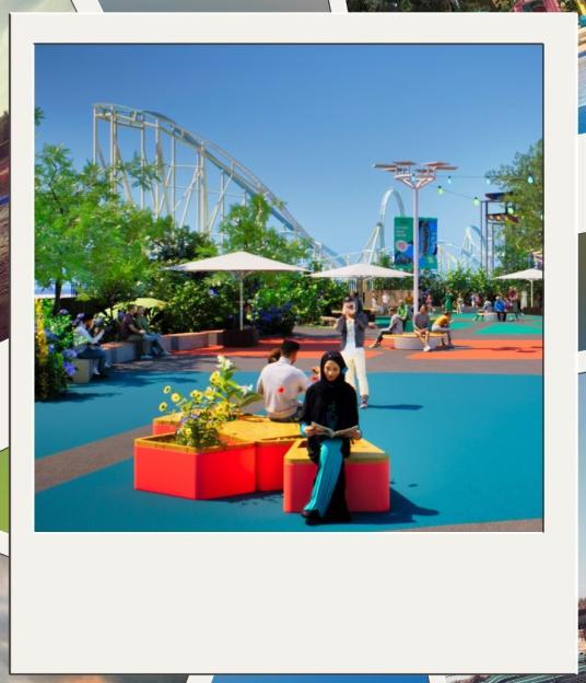 Collage of photos, including one showing a person playing volleyball, a roller coaster, and people sitting in a park-like setting.