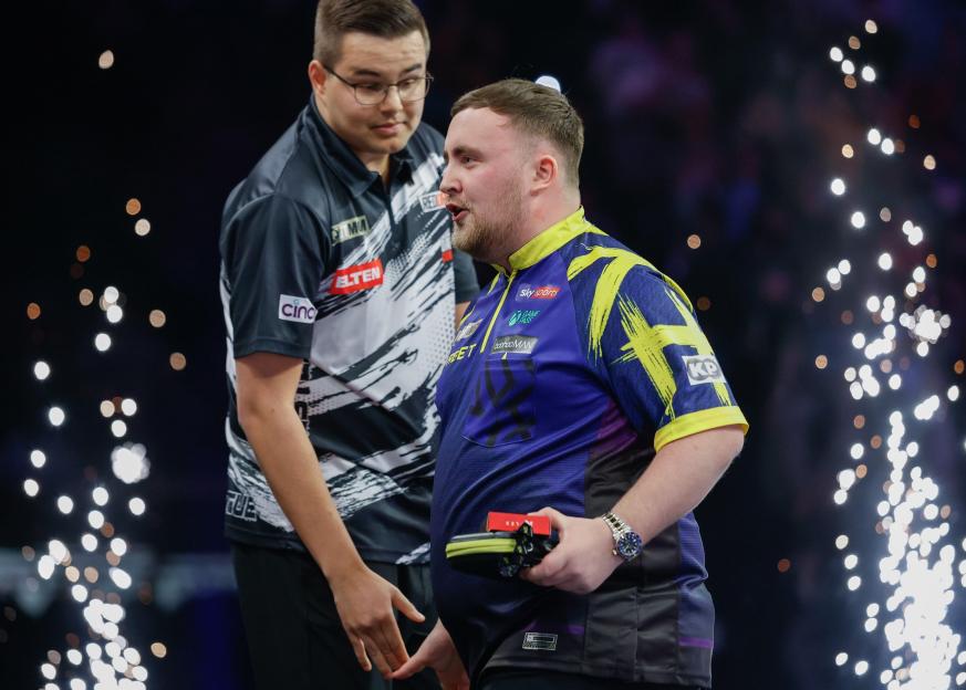 Manchester, England, 2nd April 2026. Gian van Veen reacts after shaking hands with Luke Littler following the Gian van Veen vs Luke Littler 2026 BetMGM Premier League match at AO Arena, Manchester. Picture credit should read: Cody Froggatt / Sportima
