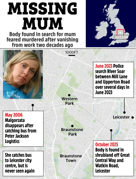 Collage of an article about a missing mother with a photo of a woman and a map of Leicester, UK.