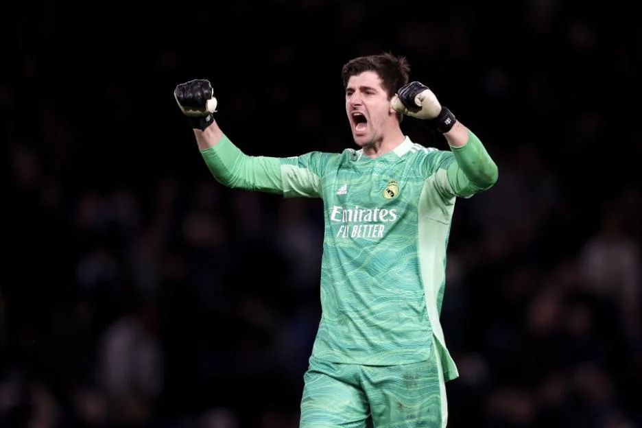 Thibaut Courtois of Real Madrid celebrates a victory.