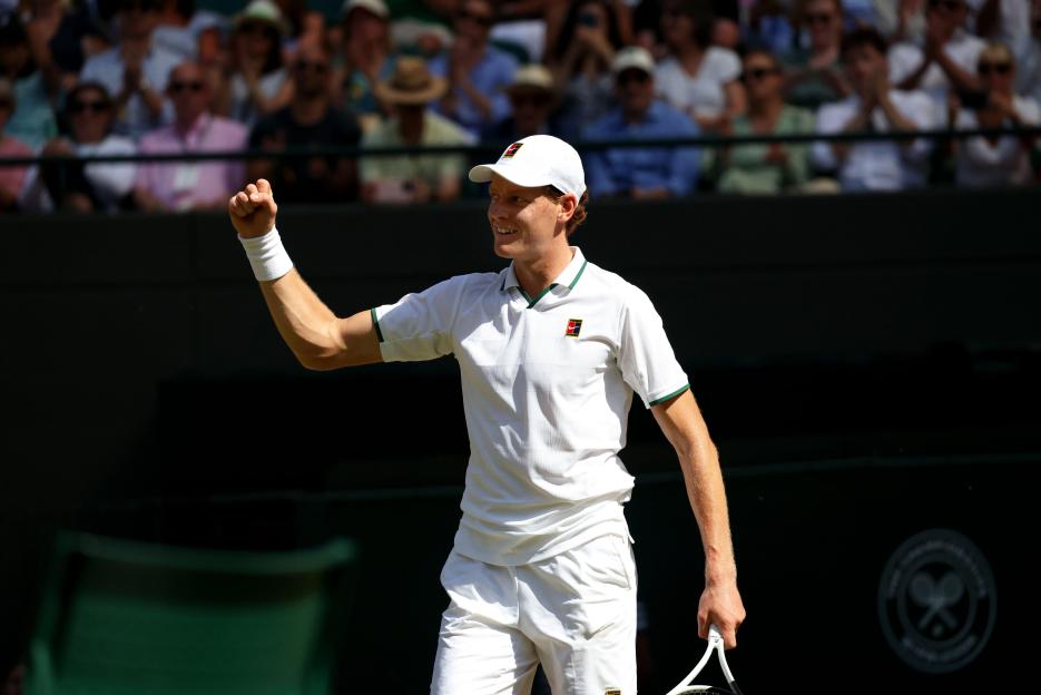 Wimbledon, London, UK. 07th July, 2026. Number one seed Jannik Sinner of Italy celebrates after defeating, Jan-Lennard Struff of Germany in their quarterfinal match at Wimbledon today. Credit: Adam Stoltman/Alamy Live News