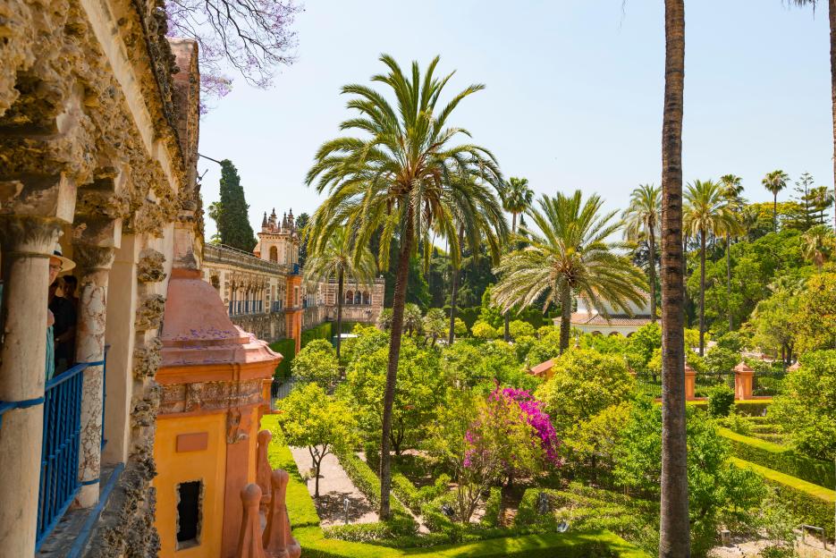 Gardens with palm trees in the Alcazar, Royal Palace of Seville, Sevilla, Spain