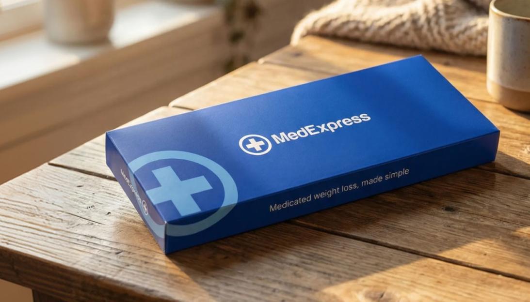 A MedExpress box with the text "Medicated weight loss, made simple" on a wooden table.