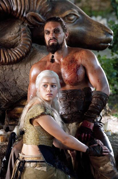 Emilia Clarke as Daenerys Targaryen and Jason Momoa as Khal Drogo in "Game of Thrones"