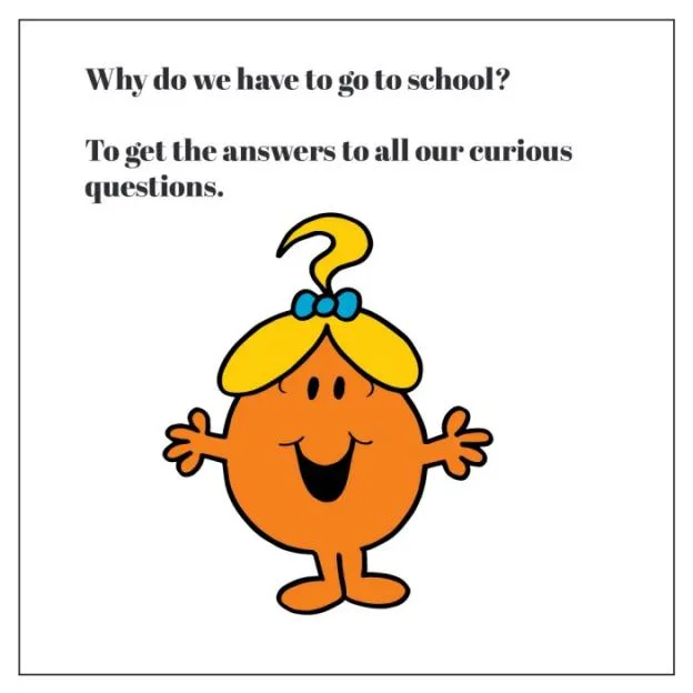 Illustration of Little Miss Curious asking why we have to go to school.
