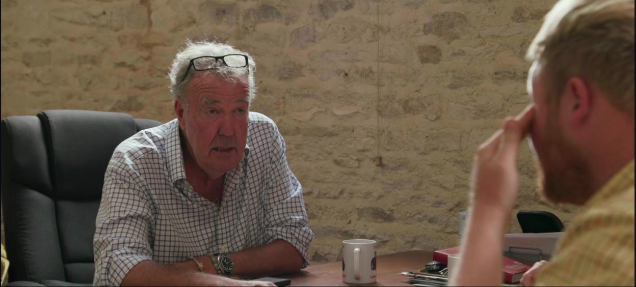Jeremy Clarkson speaks to Kaleb Cooper, who cries, on Clarkson's Farm.