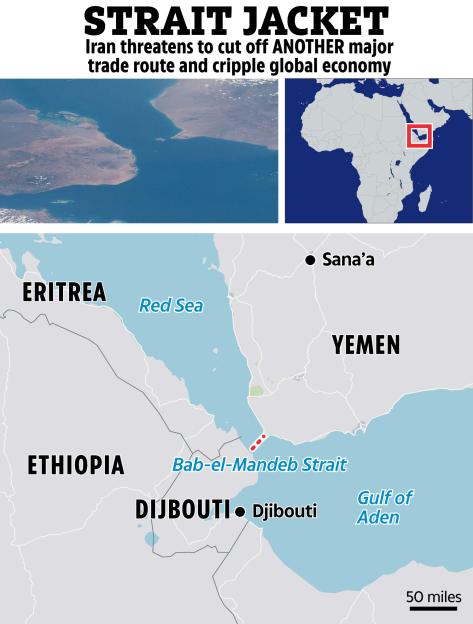 Collage of an illustration and two photos showing the Bab-el-Mandeb Strait, with a map highlighting its location and surrounding countries.