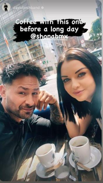 Shona McGarty and David Irish having coffee.