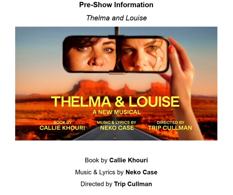 Thelma & Louise: A New Musical promotional image, with faces of two women reflected in a rearview mirror above the title.