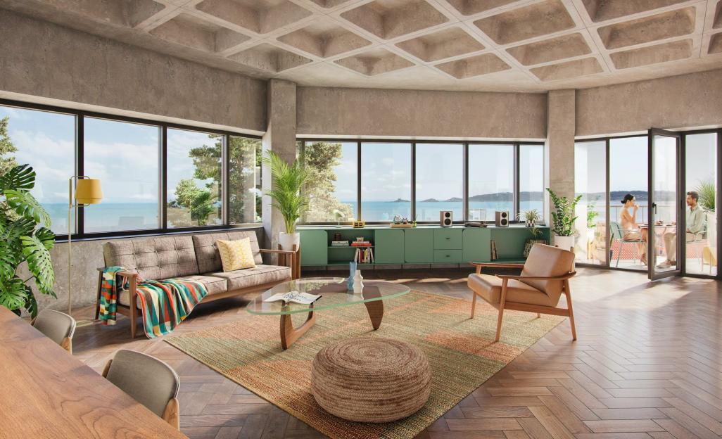 Illustration of a living room with floor-to-ceiling windows overlooking a coastline, featuring a couple on a balcony.