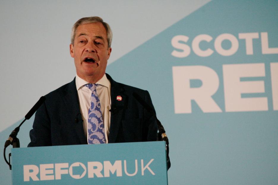 Nigel Farage speaking at a Reform UK rally in Scotland.