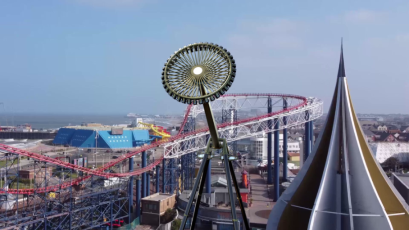 Illustration of a theme park with roller coasters and an ocean view, including a large pendulum ride.