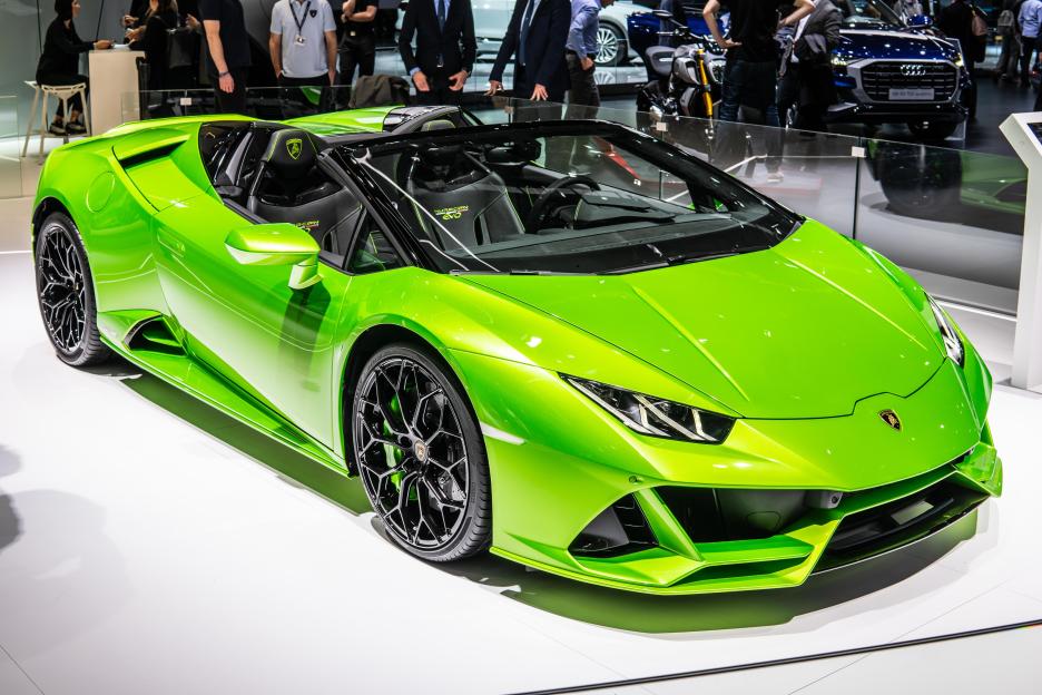 Geneva, Switzerland, March 07, 2019: metallic green Lamborghini Huracan Evo Spyder at Geneva International Motor Show, supercar from Lamborghini