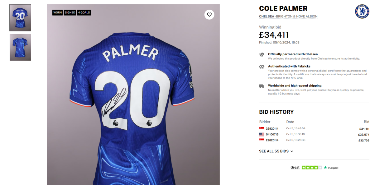 A Cole Palmer Chelsea FC jersey with "PALMER" and "20" on the back, authenticated and signed.