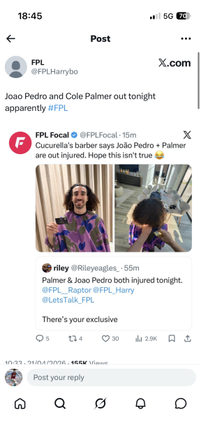 A Twitter post showing Cucurella getting his hair cut, with a tweet about João Pedro and Palmer being injured.