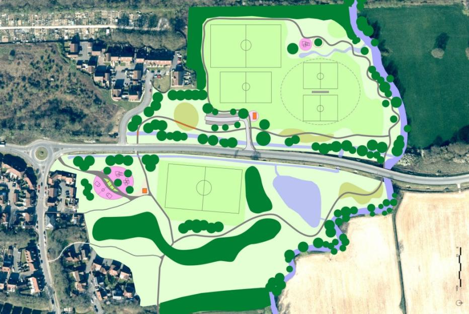 Illustration of a landscape plan overlaying an aerial image, showing sports fields, residential areas, and green spaces.
