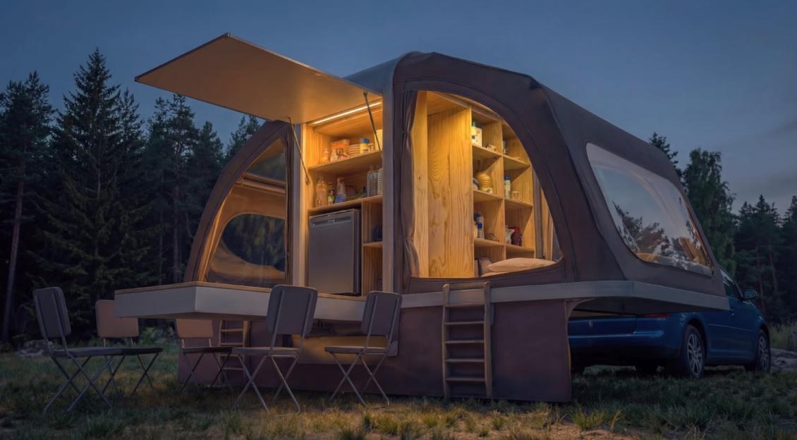 WingCube expandable home tent unfolded behind a blue car at dusk, revealing shelves, a refrigerator, and an open side table with chairs.