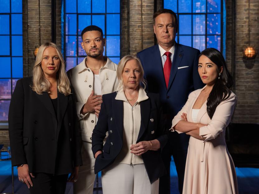 A group photo of Jenna Meek, Steven Bartlett, Deborah Meaden, Peter Jones, and Susie Ma from Dragons' Den.