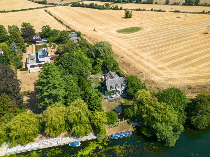 Aerial view of Russell Brand's riverside home on the Thames.