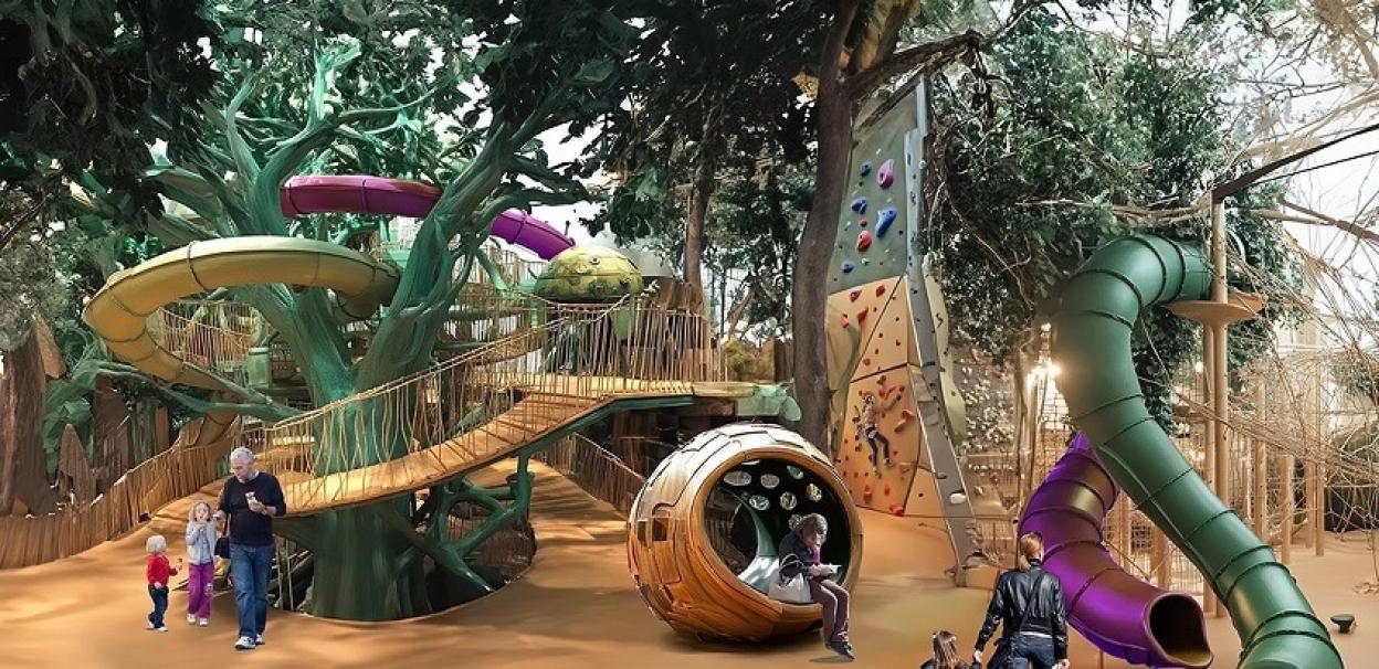 Illustration of an indoor playground with a treehouse theme, featuring slides, climbing walls, rope bridges, and zip lines.