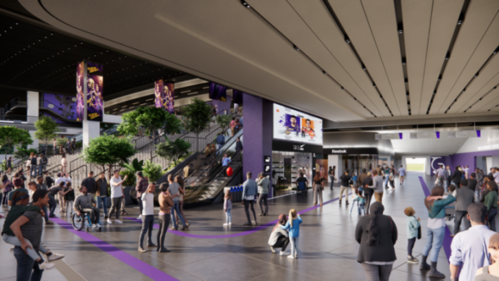 Illustration of a modern stadium concourse with numerous people walking and standing, escalators, trees, and large digital displays.