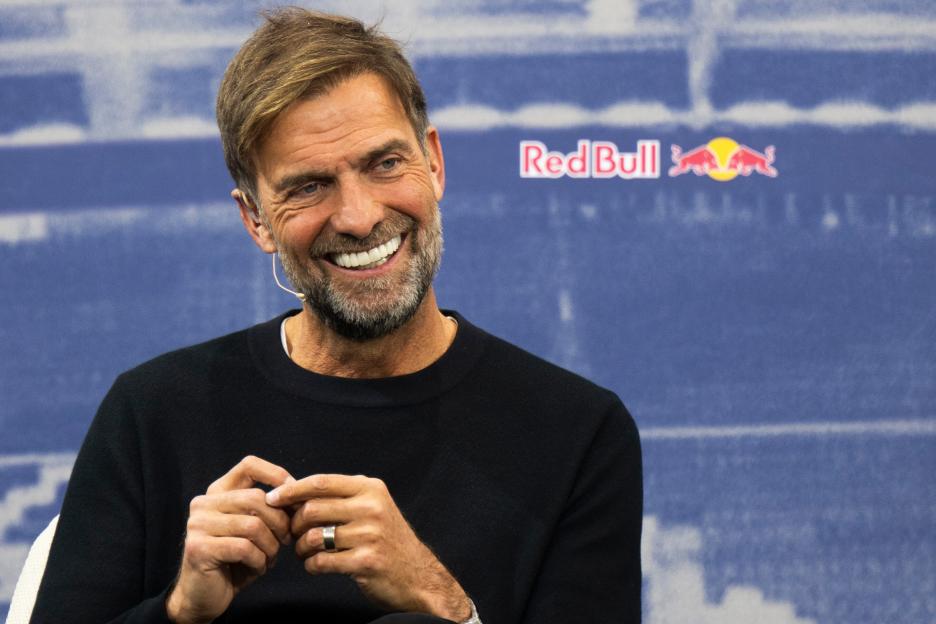 Jürgen Klopp smiling during his presentation as Head Of Global Soccer for Red Bull.