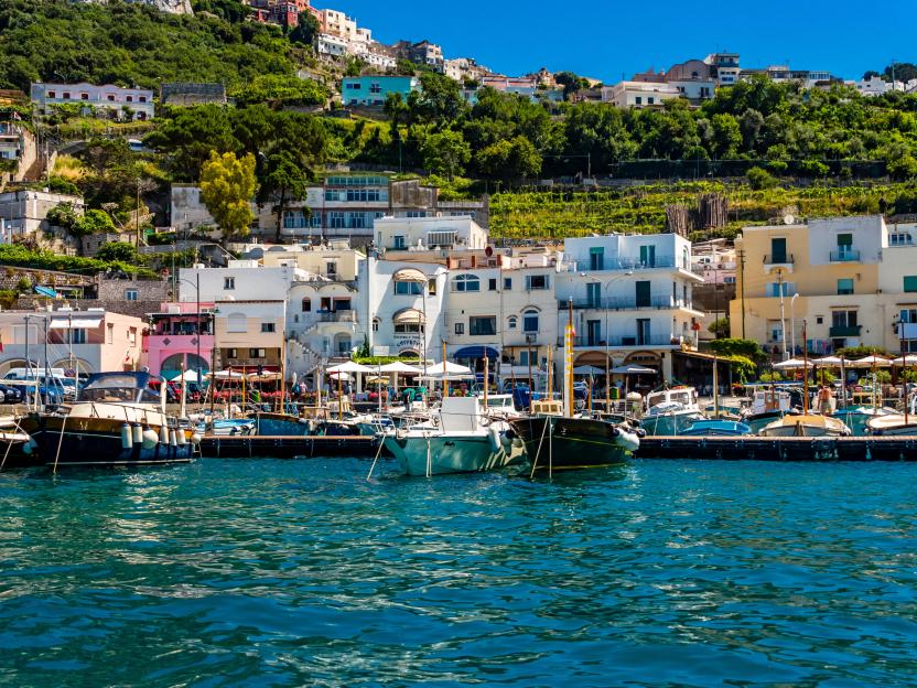 Marina Grande, harbour promenade with boats, Capri, Gulf of Naples, Campania, Italy
