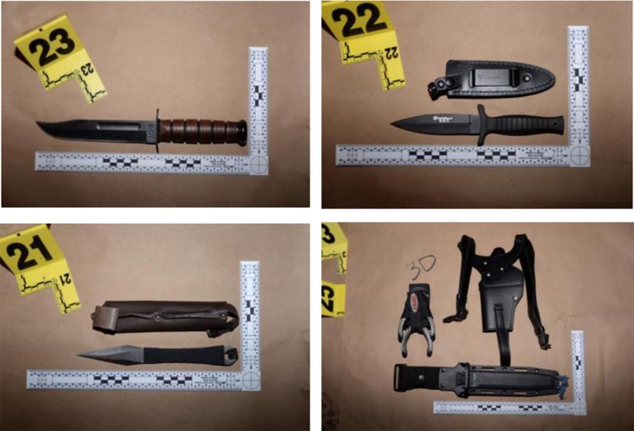 View of four knives that were in the possession of Cole Tomas Allen, the suspect in the attempted shooting at the White House Correspondents' Dinner. FBI Director Kash Patel, Acting Attorney General Todd Blanche, and US Attorney for the District of C