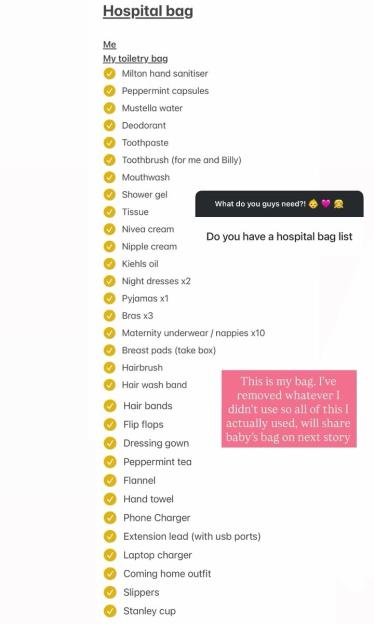 A list titled "Hospital bag" with various personal items checked off.