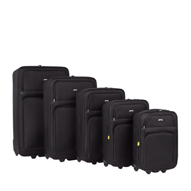 Five black Slazenger trolley suitcases of varying sizes.