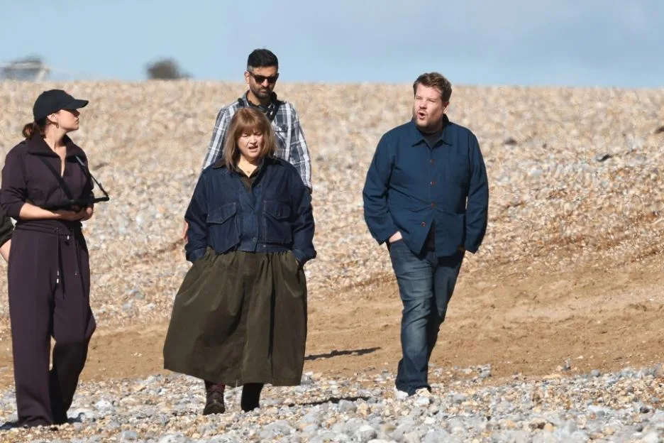James Corden and Ruth Jones filming on a Sussex beach.