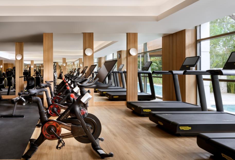Luxury hotel gym with stationary bikes and treadmills facing floor-to-ceiling windows.